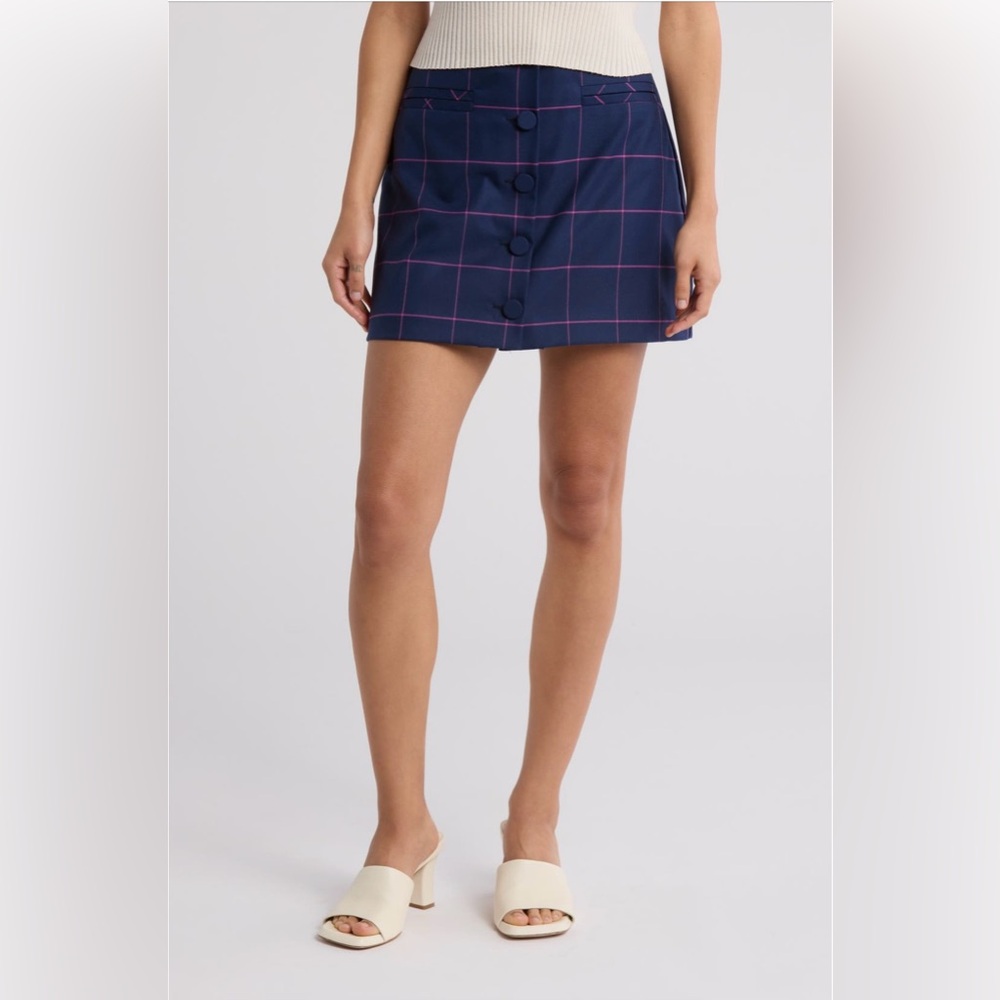 NWT Trina Turk East Village 2 Navy and Pink Plaid Button Mini Skirt Size 10